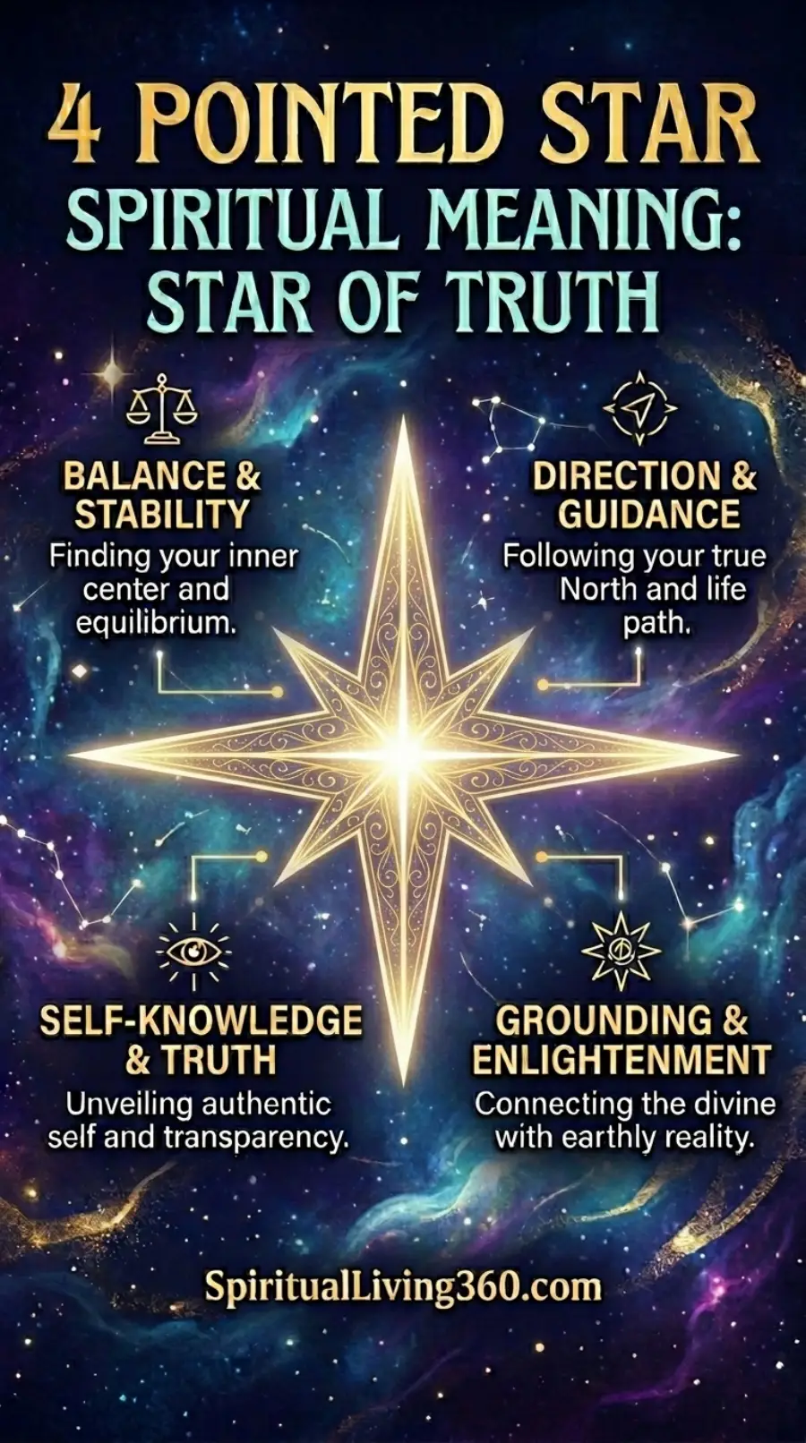 A mystical infographic titled "4 POINTED STAR SPIRITUAL MEANING: STAR OF TRUTH" depicts a brilliant, glowing four-pointed star at the center of a deep space nebula. Four callout sections surround the star, featuring icons like a scale for "Balance & Stability" and a compass for "Direction & Guidance." Other sections highlight "Self-Knowledge & Truth" and "Grounding & Enlightenment," with short descriptive sentences for each. The background is filled with swirling blue and purple cosmic clouds, stars, and faint constellations, creating a profound sense of universal wisdom.