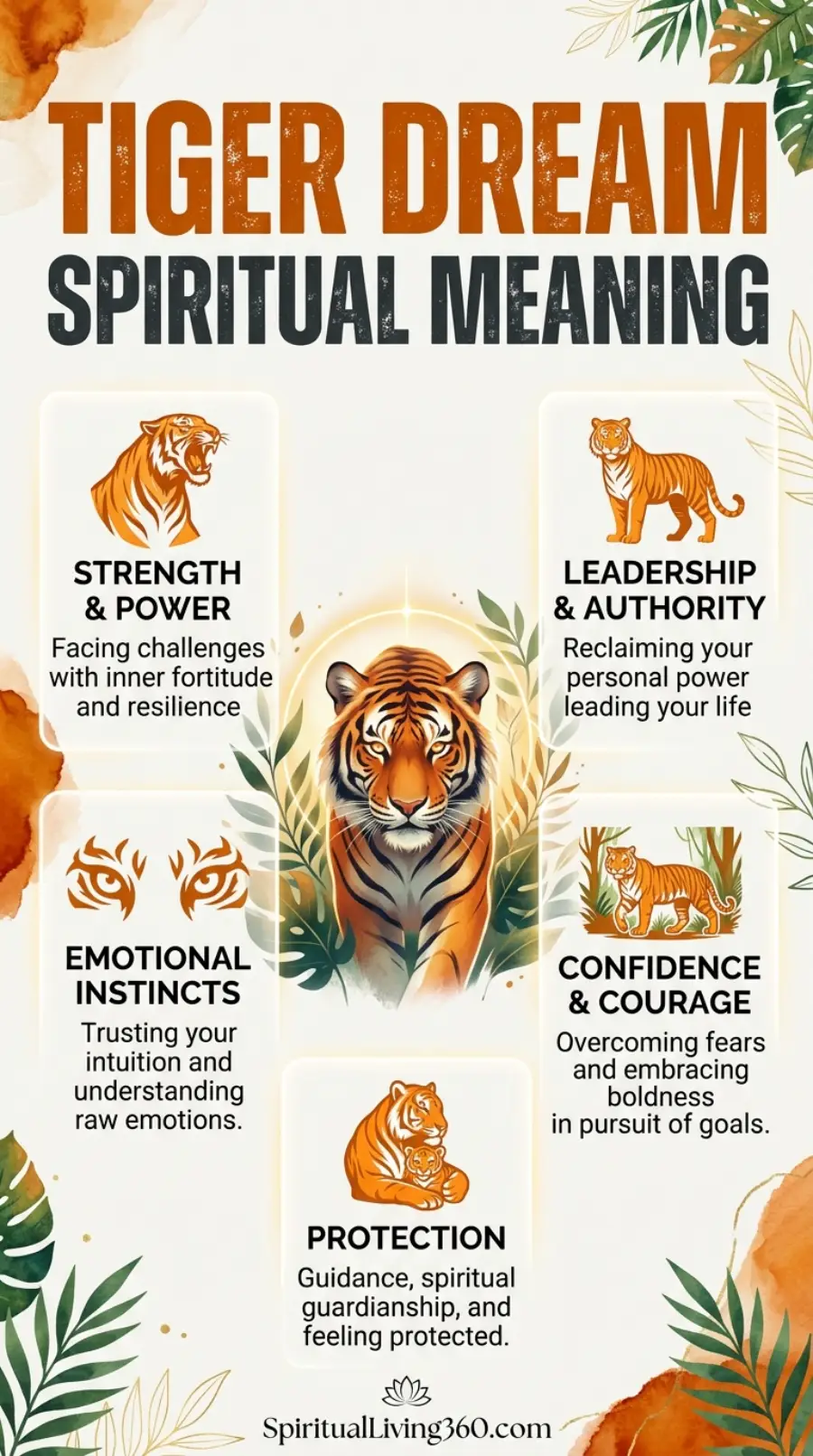 An elegant infographic titled "TIGER DREAM SPIRITUAL MEANING" features a large, realistic tiger head surrounded by tropical leaves at the center. Five square boxes contain smaller tiger illustrations and text describing specific dream symbols. These include "Strength & Power," "Leadership & Authority," "Emotional Instincts," "Confidence & Courage," and "Protection." The background is a clean off-white with subtle watercolor orange and green accents, creating a professional and spiritual aesthetic for interpreting animal totems.