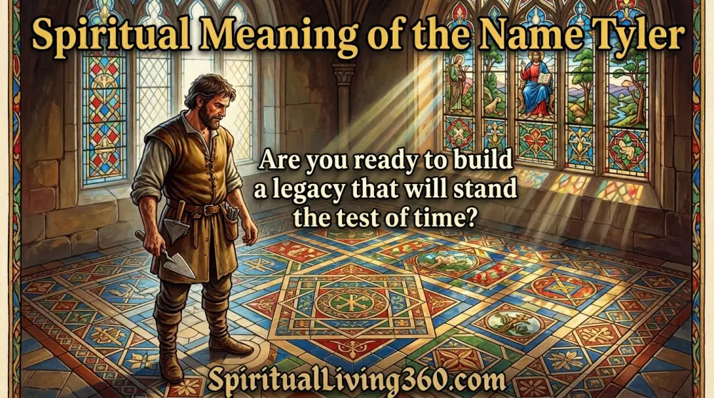 A craftsman looks at a beautiful tiled floor in a sunlit hall. The bold title Spiritual Meaning of the Name Tyler is featured at the top. A central question about building a legacy is visible. The URL SpiritualLiving360.com is at the bottom.