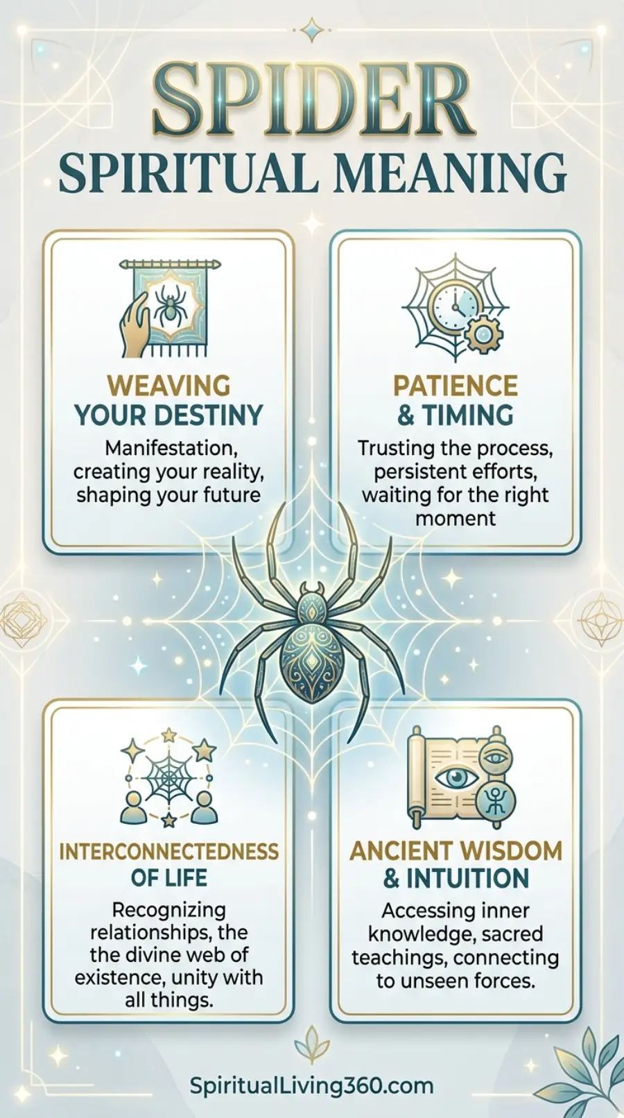 A beautifully designed infographic titled "SPIDER SPIRITUAL MEANING" features a gold-patterned spider on a delicate web at the center. Four rectangular boxes detail different spiritual aspects: "Weaving Your Destiny," "Patience & Timing," "Interconnectedness of Life," and "Ancient Wisdom & Intuition." Each box includes a thematic icon, such as a hand weaving a tapestry or an ancient scroll with an eye. The background is a soft, light teal with glowing sparkles and geometric borders, emphasizing the mystical nature of the spider's web.