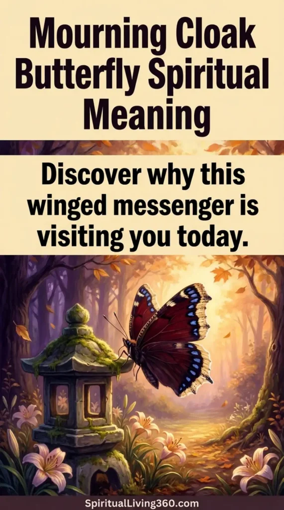 mourning cloak butterfly spiritual meaning symbolism An enchanting digital painting illustrates a Mourning Cloak butterfly with deep burgundy and black wings hovering near a moss-covered stone lantern in a sun-drenched forest. The butterfly's wings are detailed with a signature row of bright blue spots and a creamy yellow tattered edge, set against a background of soft pink lilies and golden autumn leaves. Above the scene, large black text on a pale cream header reads "Mourning Cloak Butterfly Spiritual Meaning" followed by a sub-headline about a winged messenger visiting. Warm, ethereal light filters through the trees, creating a peaceful and mystical atmosphere that highlights the butterfly as a central focal point