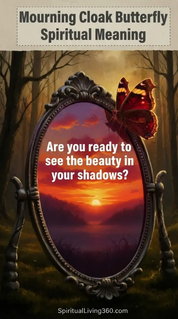 An ornate, antique silver oval mirror stands in a dark, misty forest, reflecting a vibrant sunset over a calm lake. A Mourning Cloak butterfly with deep mahogany wings and bright yellow edges rests gracefully on the top edge of the mirror's frame. Overlaid on the reflection is the question, "Are you ready to see the beauty in your shadows?" while the header displays the text "Mourning Cloak Butterfly Spiritual Meaning" in a dark gray banner. The contrast between the gloomy woods and the fiery orange sky within the mirror symbolizes a deep internal transformation.