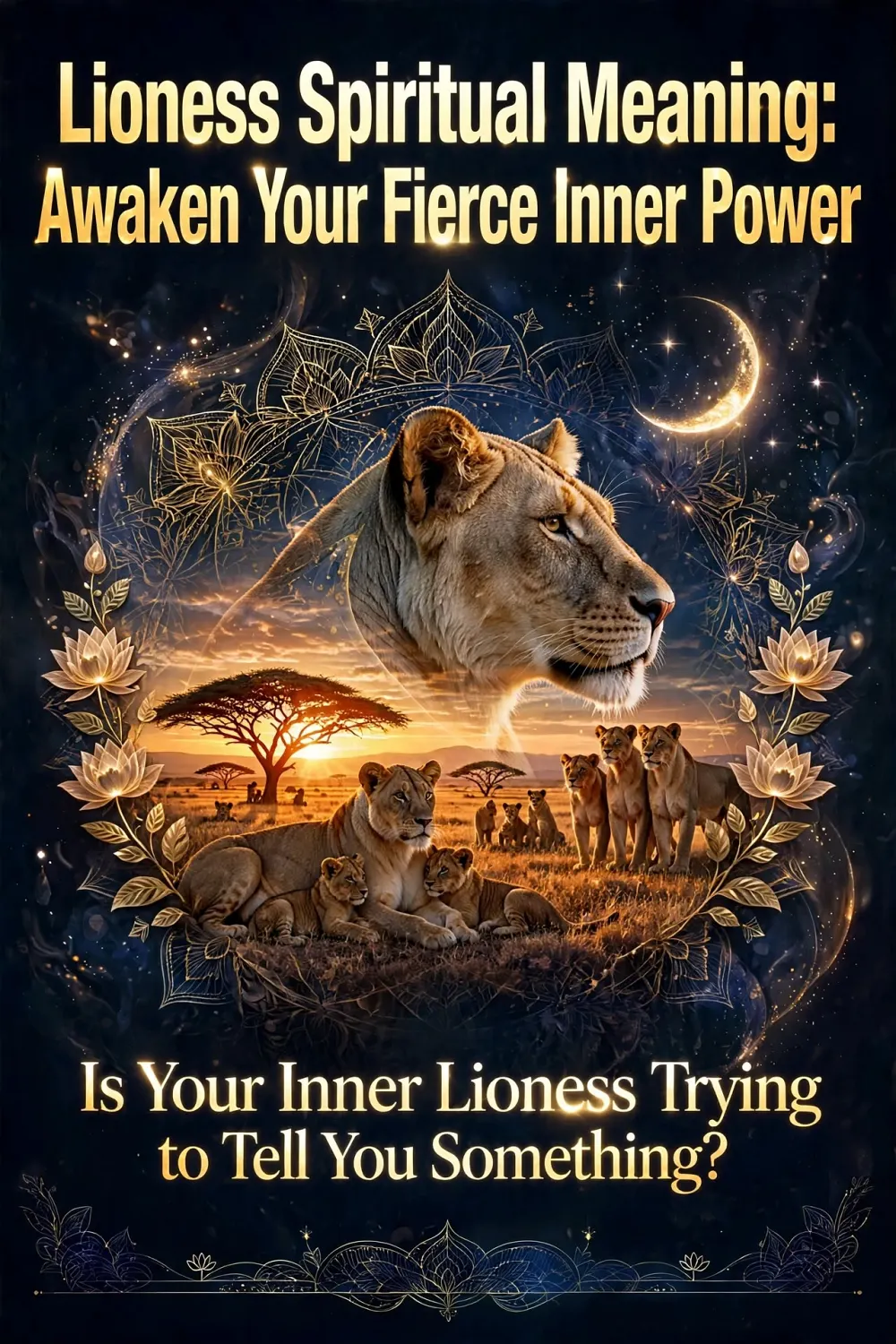 Mystical image with centered lioness profile double-exposed over golden savannah sunset. Shows protective mother lioness with cubs and sisterhood pride near acacia trees, framed by glowing gold mandala, lotus flowers, crescent moon and stars. Text reads Lioness Spiritual Meaning: Awaken Your Fierce Inner Power.