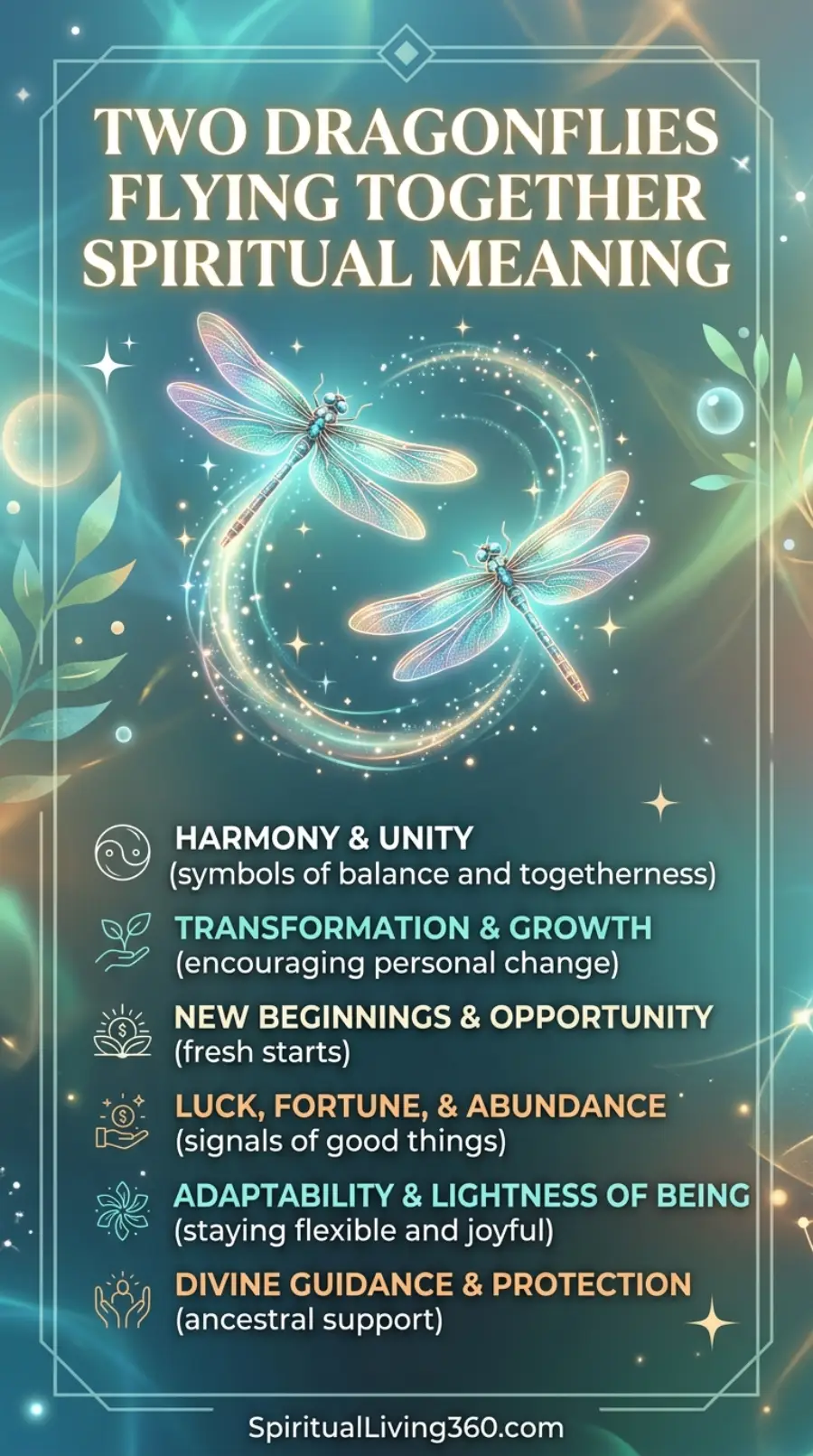 This ethereal infographic titled "Two Dragonflies Flying Together Spiritual Meaning" features two glowing dragonflies circling each other in a spiral of shimmering light. The background is a mystical blend of deep teal and soft green, accented by floating bubbles, sparkling stars, and delicate leaf silhouettes. Below the central artwork, six detailed panels with colorful icons explain meanings such as harmony, transformation, and divine guidance. The design is framed by a thin white border with geometric star accents in the corners and the website URL at the very bottom.