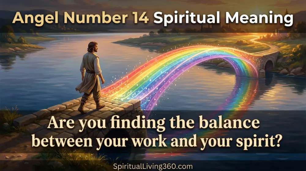 An illustration of a bridge turning from stone into light over calm water. The bold heading Angel Number 14 Spiritual Meaning is at the top. A central question about balancing work and spirit is visible. The branding SpiritualLiving360.com is at the bottom.