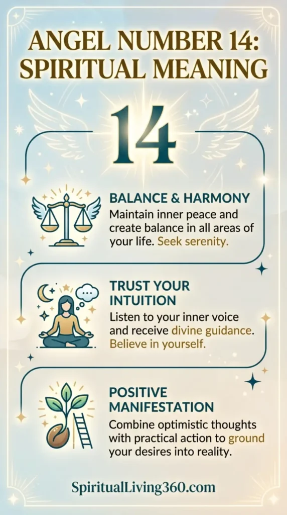 This bright and airy infographic titled "Angel Number 14: Spiritual Meaning" features a soft blue sky background with golden sparkles and corner sunbursts. A central white number fourteen is framed by a thin gold line and stylized angel wings, sitting above a winding path that connects three information blocks. Each block contains a colorful icon—a scale for balance, a meditating woman for intuition, and a growing sprout for manifestation. The design is clean and uplifting, using a combination of teal and gold text to highlight key spiritual concepts.