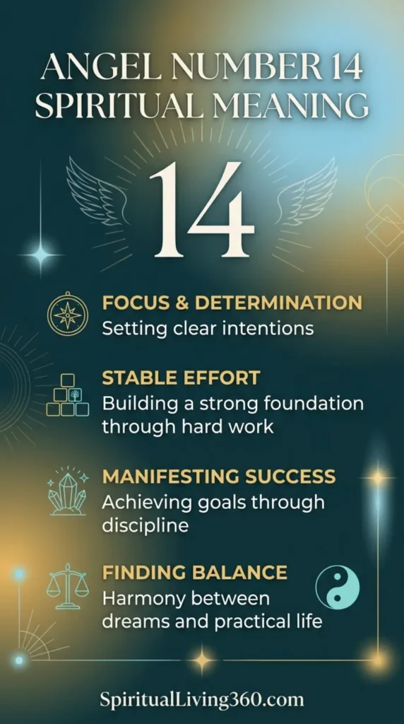 The infographic titled "Angel Number 14 Spiritual Meaning" is set against a deep teal and gold gradient background that evokes a sense of cosmic mystery. A large, white number fourteen is positioned at the top, adorned with delicate feathered angel wings and surrounded by shimmering light bursts. Four horizontal sections follow, each marked by a golden icon like a compass, stacked blocks, crystals, and a balance scale. The overall aesthetic is elegant and celestial, utilizing thin lines and glowing star elements to guide the viewer’s eye.