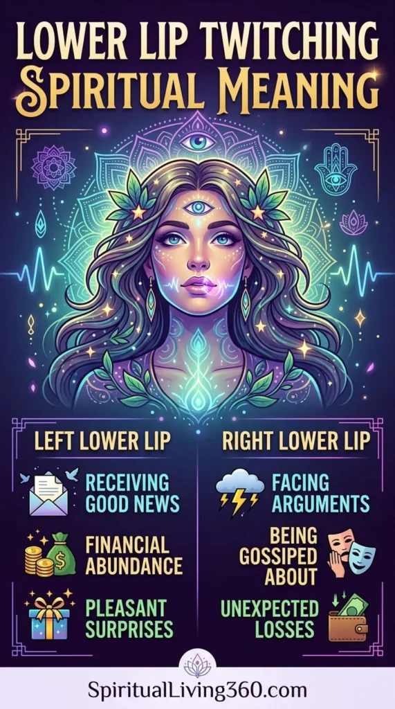 An intricate spiritual infographic titled "LOWER LIP TWITCHING SPIRITUAL MEANING" features a central illustration of a mystical woman with a third eye and glowing chakra symbols. The graphic is split into two gold-bordered sections titled "Left Lower Lip" and "Right Lower Lip," each listing specific spiritual omens. The left side highlights positive signs like "Receiving Good News" and "Financial Abundance," while the right side warns of "Facing Arguments" and "Unexpected Losses." Cosmic mandalas, a Hamsa hand, and frequency waves decorate the dark purple, starry background above the SpiritualLiving360.com logo.