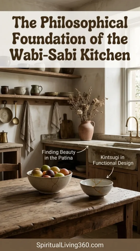 This image showcases a rustic wabi-sabi kitchen with the main heading "The Philosophical Foundation of the Wabi-Sabi Kitchen" displayed in bold, groovy typography. A weathered wooden table holds a ceramic bowl repaired with gold kintsugi, representing the beauty of imperfection. Labeled arrows highlight the patina of daily life on the countertops and the functional design of the repaired ceramics. The scene is bathed in soft, natural light that emphasizes the organic textures of the wood and stone. At the bottom center, the website URL SpiritualLiving360.com serves as a subtle brand anchor.