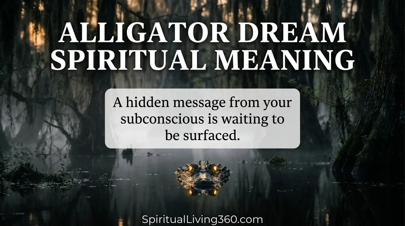This image shows a large alligator resting in a dark, misty swamp under soft moonlight with its eyes visible above the water line. The text "Alligator Dream Spiritual Meaning" is displayed prominently at the top of the dark green and blue composition. In the center, a thoughtful question about intuition is written in white script over the murky water. The website SpiritualLiving360.com is neatly placed at the bottom edge to provide a professional brand finish.