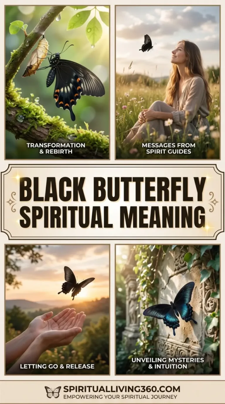 This vertical collage features a central cream-colored banner titled "Black Butterfly Spiritual Meaning" surrounded by four distinct panels. The top left shows a black butterfly emerging from a golden chrysalis on a mossy branch, representing transformation. The top right depicts a woman in a meadow looking up at a flying butterfly, while the bottom panels show hands releasing a butterfly at sunset and a blue-tinted butterfly on an ivy-covered stone. Each quadrant includes specific text overlays like "Messages from Spirit Guides" and "Letting Go & Release" to explain the symbolism of the Black Butterfly.