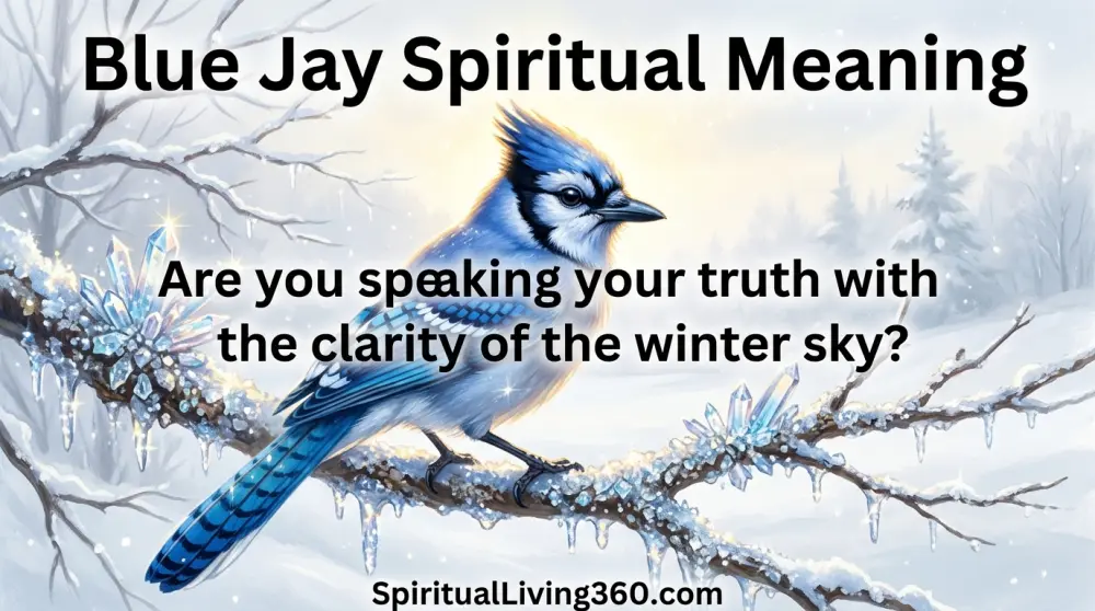 A vibrant blue jay sits on a branch covered in crystals against a snowy background. The bold heading Blue Jay Spiritual Meaning is at the top of the art. A central question about speaking truth is written in the middle. The URL SpiritualLiving360.com is at the bottom.