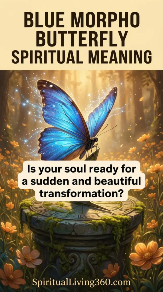 This vertical digital illustration depicts a majestic Blue Morpho Butterfly with glowing sapphire wings perched atop a moss-covered stone sundial. The scene is set in an enchanted golden forest filled with warm sunlight and scattered orange wildflowers that create a soft bokeh effect. Above the butterfly, bold dark text on a cream header reads "BLUE MORPHO BUTTERFLY SPIRITUAL MEANING." Centered over the sundial is a rounded text box asking, "Is your soul ready for a sudden and beautiful transformation?" with the website SpiritualLiving360.com at the very bottom.