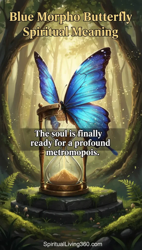 An enchanting vertical image displays a large Blue Morpho Butterfly with shimmering cobalt wings perched delicately on top of a vintage wooden hourglass. The hourglass rests on a mossy stone platform within a sun-dappled forest, where golden light filters through a canopy of towering trees. Floating embers and soft glimmers of light fill the air around the central "Blue Morpho Butterfly Spiritual Meaning" title at the top. A semi-transparent overlay across the center features the text, "The soul is finally ready for a profound metromopois," emphasizing a theme of spiritual timing.