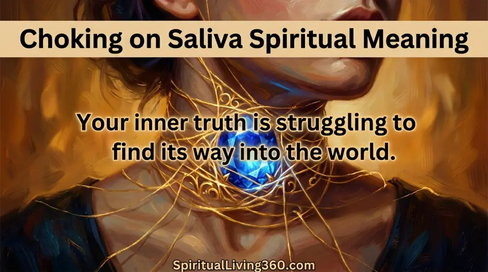 A symbolic illustration of a glowing blue gem trapped in golden threads near a throat. The bold title Choking on Saliva Spiritual Meaning is featured at the top. A central statement about inner truth struggling to be heard is visible. The URL SpiritualLiving360.com is at the bottom.