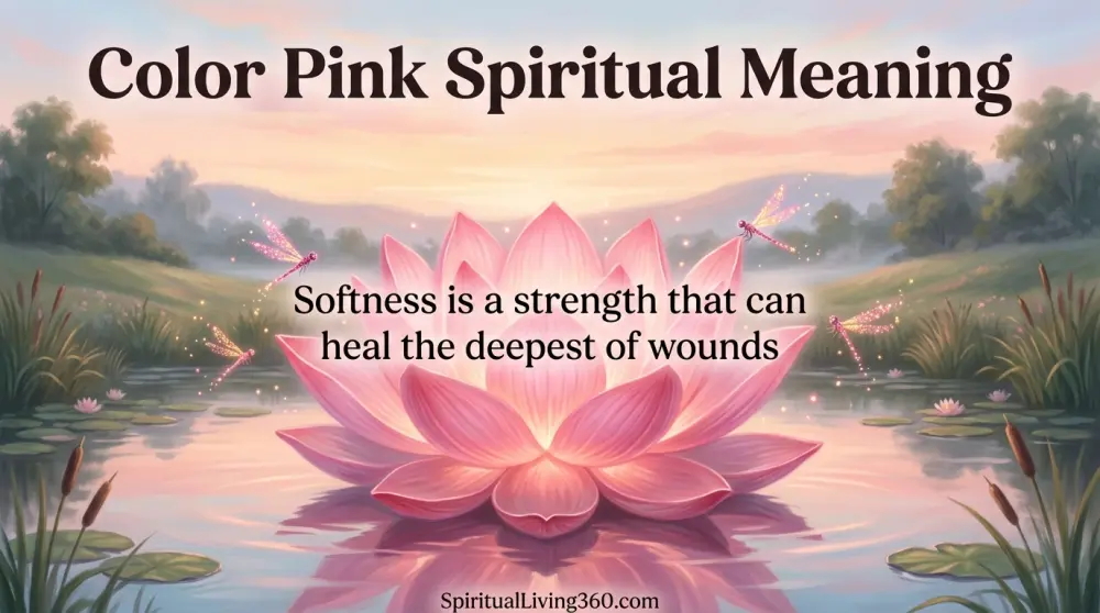 A large pink lotus flower glows on a quiet pond during a pink dawn. The bold title Color Pink Spiritual Meaning is displayed at the top. A central statement about the strength of softness is visible. The branding SpiritualLiving360.com is at the bottom.