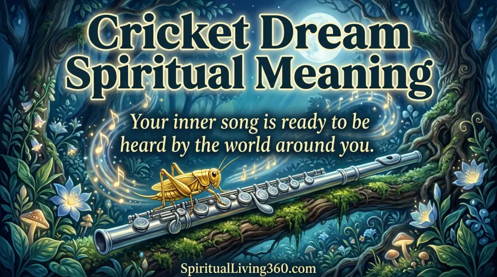 A golden cricket perches on a silver flute under a full moon with glowing music notes. The bold title Cricket Dream Spiritual Meaning is at the top. A central statement about the inner song is visible. The branding SpiritualLiving360.com is at the bottom.