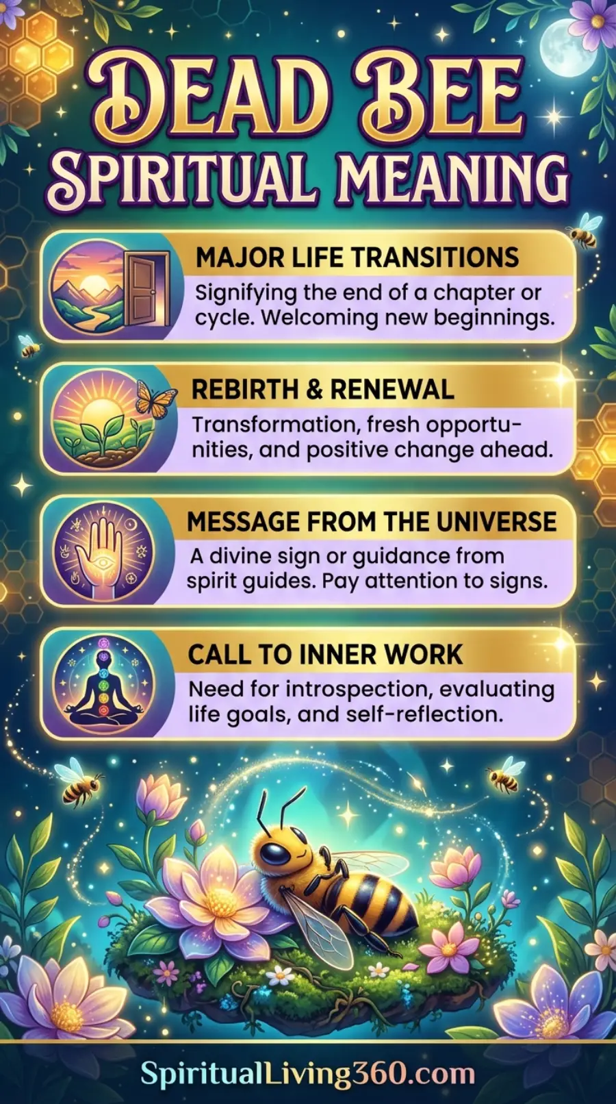 An enchanting infographic titled "Dead Bee Spiritual Meaning" features a large, central illustration of a bumblebee resting peacefully on a bed of vibrant lotus flowers and moss. The background displays a magical nighttime scene with a glowing moon, honeycombs in the upper corners, and tiny floating sparkles. Four horizontal gold-bordered cards contain symbolic interpretations accompanied by circular icons showing a doorway, a sprout, a hamsa hand, and a meditating figure with chakras. The bottom of the image includes the SpiritualLiving360.com website URL against a dark blue banner.