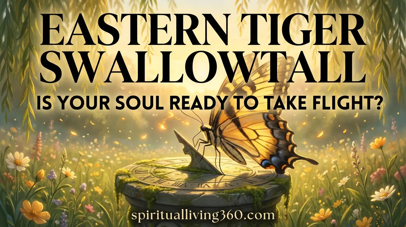 A golden-hour painting about Eastern Tiger Swallowtail butterfly spiritual meaning represented by a large yellow and black striped butterfly resting on an ancient stone sundial. The top of the image features the bold, large-scale text "EASTERN TIGER SWALLOWTAIL." Centered in the middle is the white lettering asking, "IS YOUR SOUL READY TO TAKE FLIGHT?" while the bottom edge displays the branding "spiritualliving360.com." The surrounding meadow is filled with soft, ethereal light and floating botanical elements to signify transformation and spiritual growth.