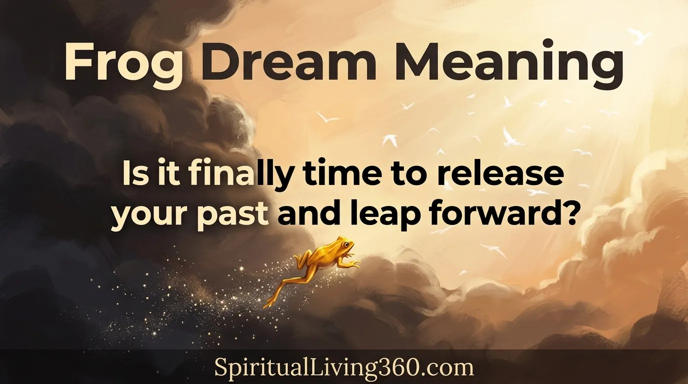A golden frog leaps from dark rain clouds into a brilliant sunlit sky filled with birds. The words "Frog Dream Meaning" are written in large, bold letters across the upper section of the artwork. In the center, the question "Is it finally time to release your past and leap forward?" is clearly visible. The branding "SpiritualLiving360.com" is placed neatly at the bottom of the vibrant scene.