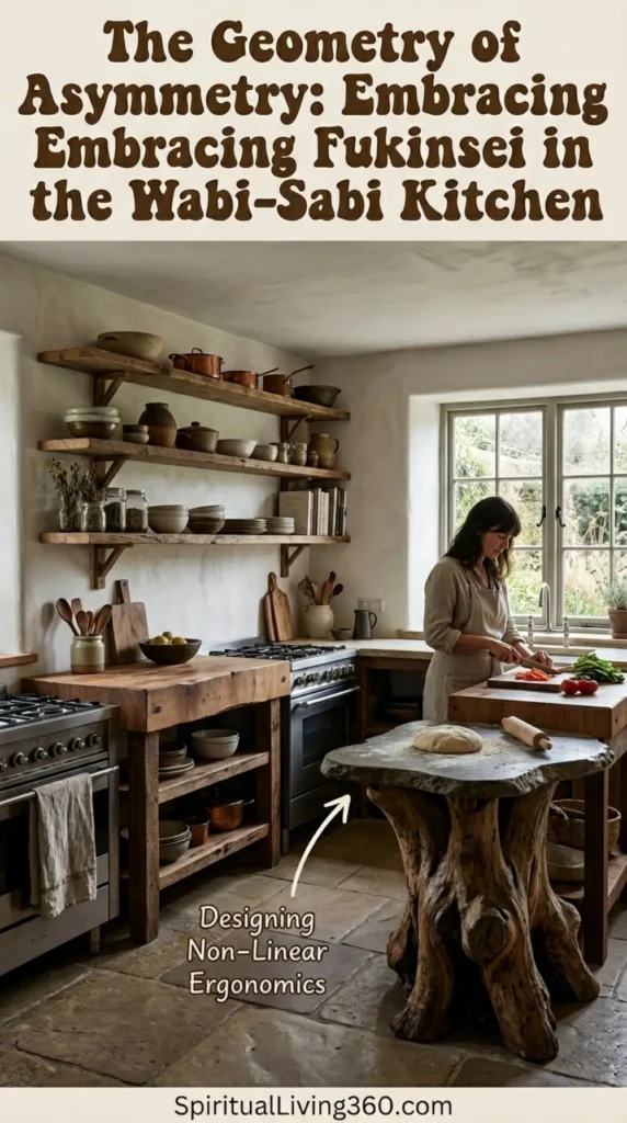 A visually balanced yet asymmetrical kitchen scene features the bold heading "The Geometry of Asymmetry: Embracing Fukinsei in the Wabi-Sabi Kitchen." The layout avoids perfect symmetry, showcasing off-center shelving and organic shapes that guide the eye naturally. A text label points to a hand-carved prep station to illustrate the concept of non-linear ergonomics. The color palette consists of muted greys and warm wood tones that create a grounded atmosphere. The SpiritualLiving360.com watermark is centered at the bottom to maintain brand identity.