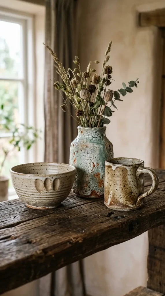 A stylized display on a raw, reclaimed wood shelf, featuring a collection of unique, handmade pottery. Included are a slightly lopsided, hand-thrown ceramic bowl with visible fingerprints in the clay, a rough-textured vase with an imperfect, crackled glaze finish, and a rustic mug with an uneven rim. Each piece is unique and values human imperfection over machine precision. (Style: Close-up photography, natural light, wabi-sabi ceramics, hand-crafted pottery display, artisanal decor)