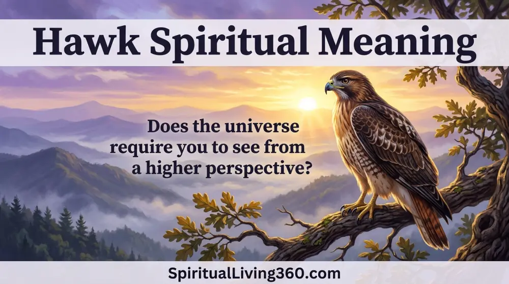 A golden hour illustration depicts a hawk with sharp eyes looking out over a mountain range from a tree branch. Large bold text at the top says Hawk Spiritual Meaning alongside a central question about perspective. The artwork is painted in a warm storybook style with rich oranges and purples. The branding for SpiritualLiving360.com sits at the very bottom of the frame.