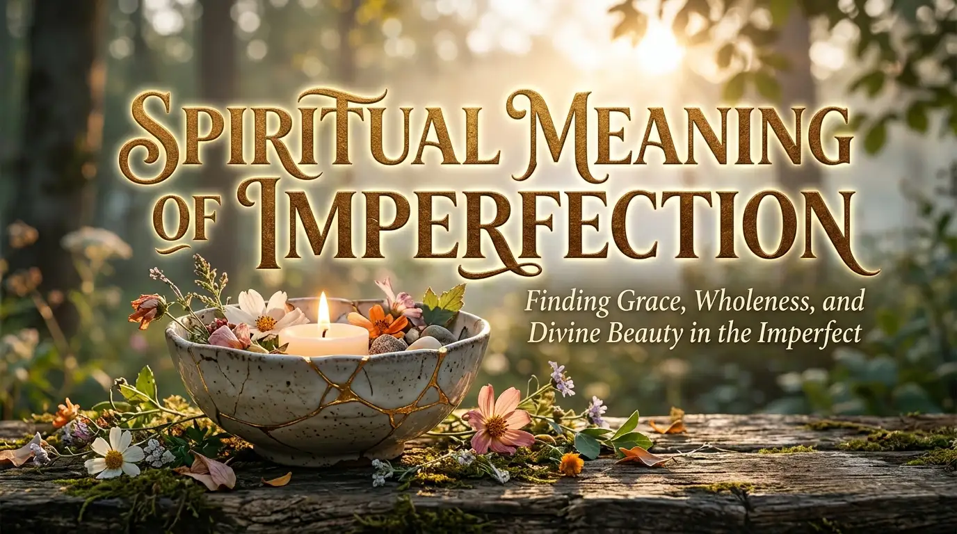 A cracked ceramic bowl repaired with shimmering gold joins sits on a weathered wooden log, perfectly illustrating the imperfection spiritual meaning through the art of Kintsugi. Inside the bowl, a small white candle burns brightly among delicate wildflowers and smooth river stones, casting a warm glow over the scene. The background features a soft-focus sunlit forest where golden light filters through the trees, creating a serene and natural ambiance. Large, elegant gold-textured text at the top reads "Spiritual Meaning of Imperfection" with a smaller subtitle about finding grace and wholeness.