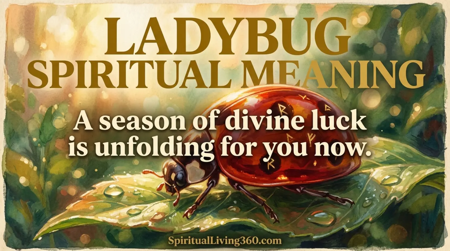 An ethereal painted illustration shows a vibrant red ladybug glowing with golden light on a lush green leaf. Bold text at the top identifies the Ladybug Spiritual Meaning while the center features a statement about divine luck. The artwork uses a warm, storybook aesthetic with soft sunlight and magical orbs of light. The website SpiritualLiving360.com is clearly visible at the bottom of the inspirational image.