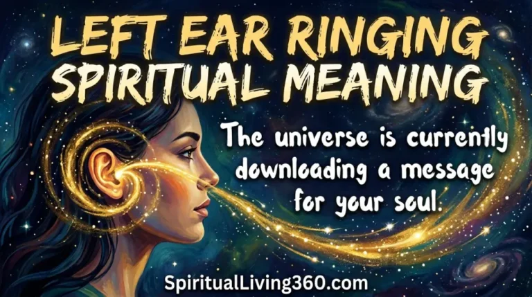 An illustration shows a golden spiral of energy coming from a person's left ear into a starry sky. The bold heading Left Ear Ringing Spiritual Meaning is at the top. A central statement about soul downloads is visible. The branding SpiritualLiving360.com is at the bottom.