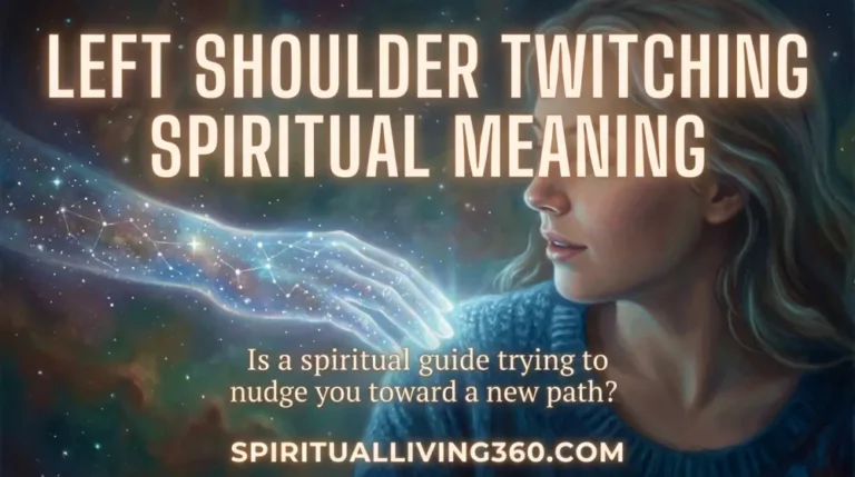 An illustration of a glowing star-hand touching a person's shoulder in a dark setting. The bold heading Left Shoulder Twitching Spiritual Meaning is featured at the top. A central question about spiritual guides is visible. The branding SpiritualLiving360.com is at the bottom.