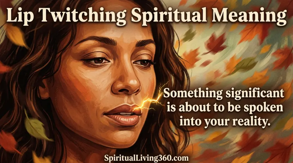 A close-up artistic painting of a face with a golden spark near the lips. The bold title Lip Twitching Spiritual Meaning is at the top. A central statement about significant words is visible in the middle. The URL SpiritualLiving360.com is at the bottom.