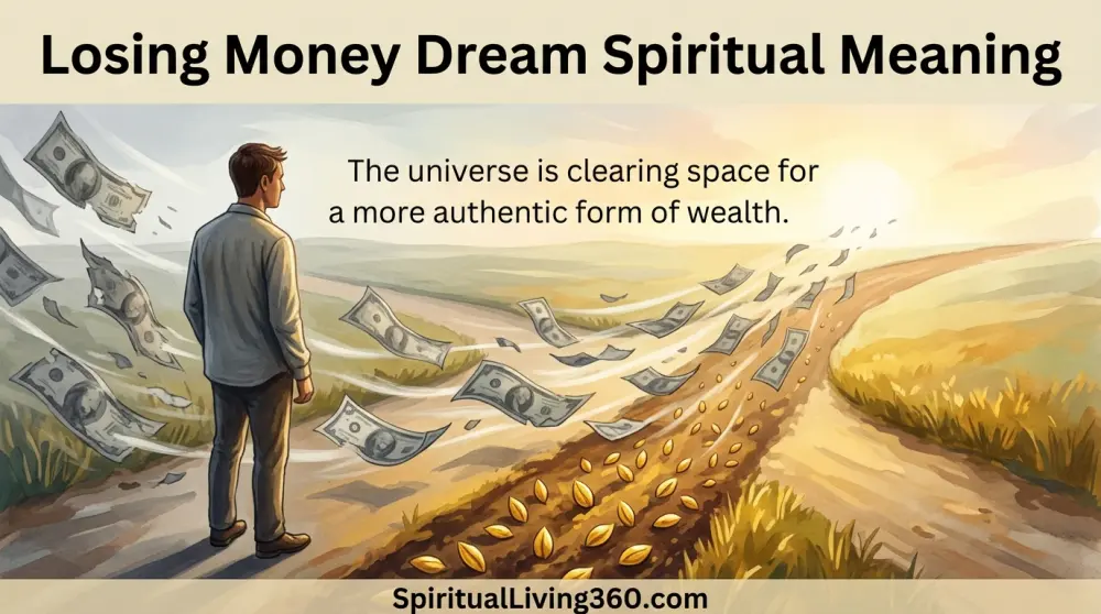 A person at a crossroads watches old money blow away as golden seeds sprout. The bold title Losing Money Dream Spiritual Meaning is at the top. A central statement about authentic wealth is visible. The website SpiritualLiving360.com is at the bottom.