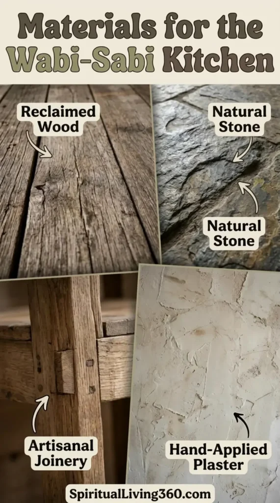This vertical infographic titled "Materials for the Wabi-Sabi Kitchen" features a four-quadrant grid showcasing different organic textures. The top left quadrant displays weathered brown reclaimed wood planks with visible cracks and deep grain patterns. On the right, dark natural stone and a section of hand-applied plaster with visible trowel marks create a tactile contrast. The bottom left quadrant highlights artisanal joinery where two thick wooden beams are connected using a traditional mortise and tenon joint.