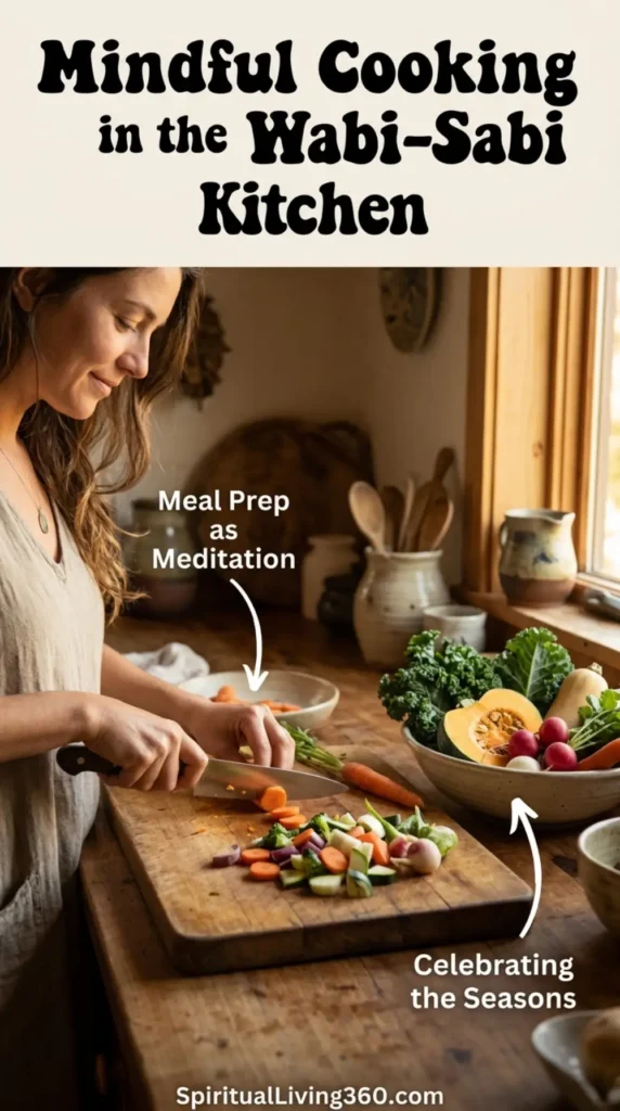 Close-up hands chop vibrant vegetables on a rustic board beneath the heading "Mindful Cooking in the Wabi-Sabi Kitchen." The bold, groovy typography complements the warm, golden light that fills the cooking space. A label identifies the act of meal prep as a form of meditation, while another points to the seasonal produce on the table. The image conveys a sense of presence and spiritual nourishment through the daily act of preparing food. The SpiritualLiving360.com branding is centered at the bottom of the image.