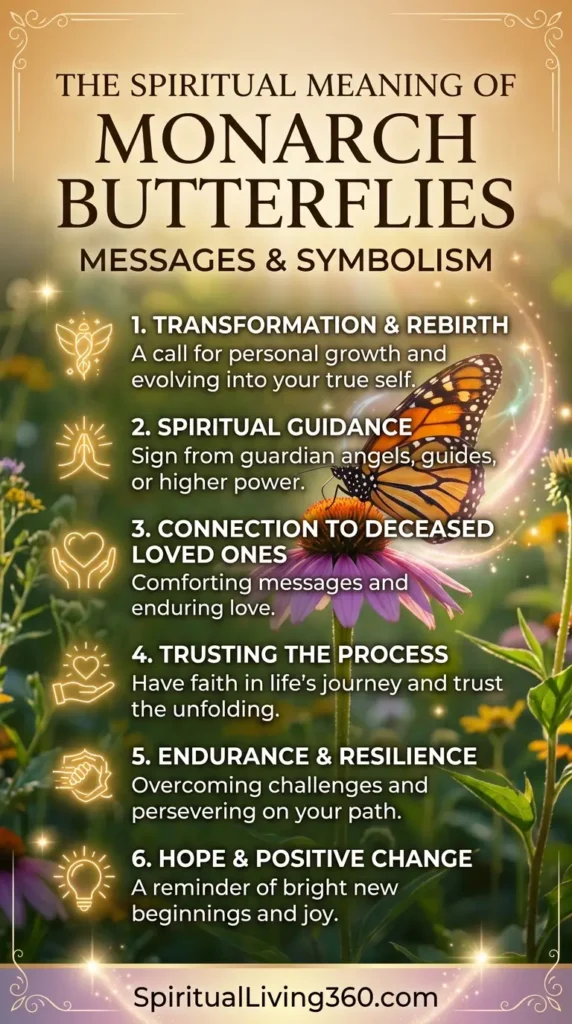 A close-up photograph of a Monarch butterfly with bright orange and black wings perched on a purple echinacea flower. The background is a soft-focus green meadow with glowing light orbs. A semi-transparent central box contains the text "THE SPIRITUAL MEANING OF MONARCH BUTTERFLIES" along with a list of six symbolic meanings like transformation and resilience. The website URL "SpiritualLiving360.com" is visible at the bottom edge.