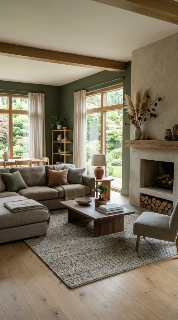 A wide-angle interior photograph of a calm, grounded Wabi-Sabi living room. The walls are painted in a matte, moss-green clay finish. The furniture is upholstered in muted earth tones, including a stone-grey sofa and a deep-taupe rug. The space feels cool, quiet, and deeply relaxing, with diffused natural light filling the room from a large window.