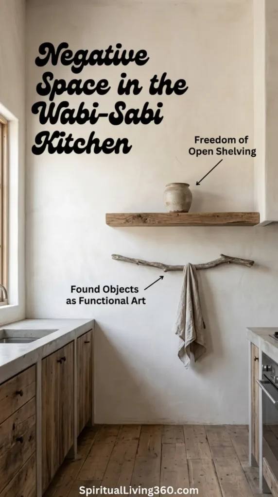 This image emphasizes minimalism with the heading "Negative Space in the Wabi-Sabi Kitchen" placed artistically within a large, empty wall area. A single floating shelf is labeled to represent the freedom of open shelving, holding only a few essential items. Another label points to a piece of driftwood used as functional art, demonstrating intentionality in a sparse layout. The abundance of negative space creates a sense of calm and mental clarity within the room. The SpiritualLiving360.com URL is positioned at the very bottom center.