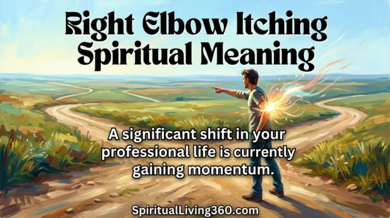An illustration of a person at a crossroads with a glowing spark on their right elbow. The bold heading Right Elbow Itching Spiritual Meaning is at the top. A central statement about professional shifts is visible. The website SpiritualLiving360.com is at the bottom.