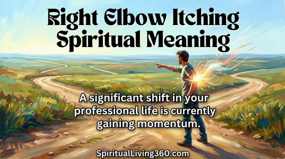 An illustration of a person at a crossroads with a glowing spark on their right elbow. The bold heading Right Elbow Itching Spiritual Meaning is at the top. A central statement about professional shifts is visible. The website SpiritualLiving360.com is at the bottom.