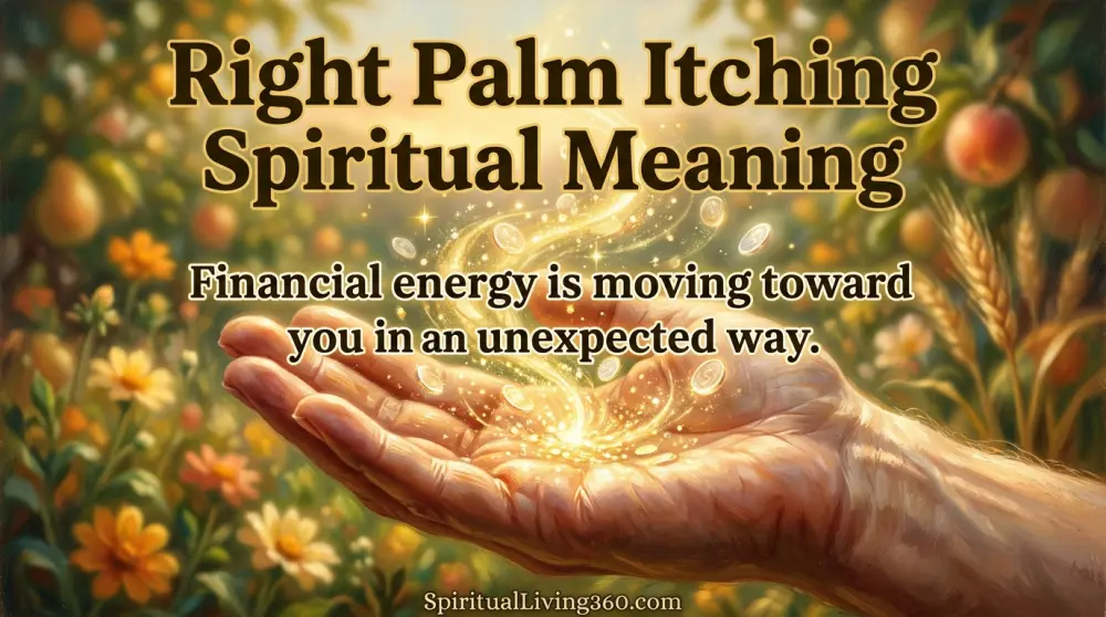 A painting of an open hand with golden sparks and light coins coming from the palm. The bold title Right Palm Itching Spiritual Meaning is at the top. A central statement about financial energy is visible. The website SpiritualLiving360.com is at the bottom.