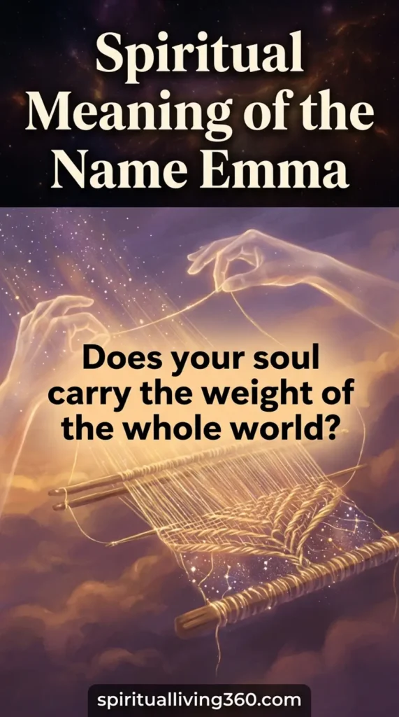A detailed editorial illustration shows celestial hands weaving a golden tapestry under a starry twilight sky. The top of the frame displays the bold text "Spiritual Meaning of the Name Emma" in large letters. In the center, the interrogative question "Does your soul carry the weight of the whole world?" is clearly visible. The bottom of the image contains the website URL "spiritualliving360.com" for branding. This artistic scene uses golden hour lighting and symbolic weaving to represent the depth of a person's name.