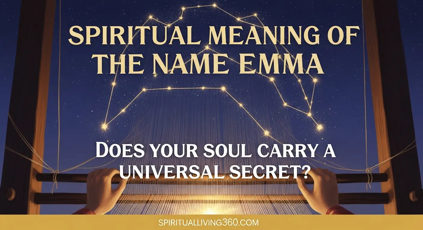 A beautiful editorial illustration shows a golden loom weaving stars into a celestial tapestry under a twilight sky. The top of the image features the bold text "Spiritual Meaning of the Name Emma" in white. In the center, the question "Does your soul carry a universal secret?" is displayed in a clear, bold font. The bottom of the graphic includes the website address "spiritualliving360.com." The overall atmosphere is magical and serene with warm golden lighting.