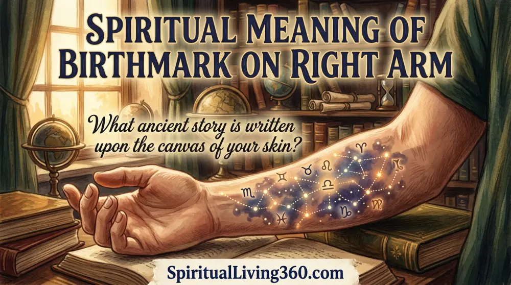A close-up of an arm where a birthmark glows like a golden constellation map. The bold title Spiritual Meaning Of Birthmark is featured at the top. A central question about the stories on our skin is visible. The URL SpiritualLiving360.com is at the bottom.