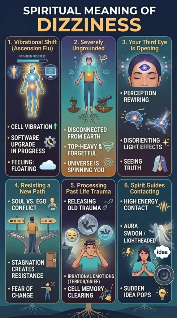 An infographic titled "SPIRITUAL MEANING OF DIZZINESS" is set against a dark blue background and divided into six detailed, numbered panels explaining various energetic causes. The top row illustrates a "Vibrational Shift" with a glowing human silhouette and loading bar, a "Severely Ungrounded" figure with tree roots growing from their feet, and a "Third Eye Opening" with a purple glowing eye on a forehead. The bottom row depicts a person standing at a "New Path" versus "Old Path" crossroads, a man clearing "Past Life Trauma" with floating bubbles of emotion, and a woman receiving "Sudden Idea Pops" from spirit guides. Each panel contains descriptive bullet points and symbolic icons like DNA strands, chakras, and light bursts to visually represent the spiritual journey of recalibrating one's energy.