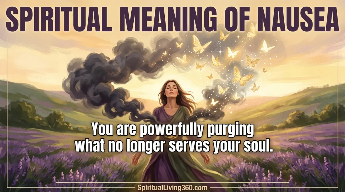 A graceful painted illustration depicts a woman releasing dark smoke clouds that turn into golden butterflies. Large bold text at the top reads Spiritual Meaning of Nausea while a central statement says you are purging what no longer serves you. The setting is a lavender field during golden hour with soft, textured brushstrokes. The URL SpiritualLiving360.com is integrated into the bottom edge.