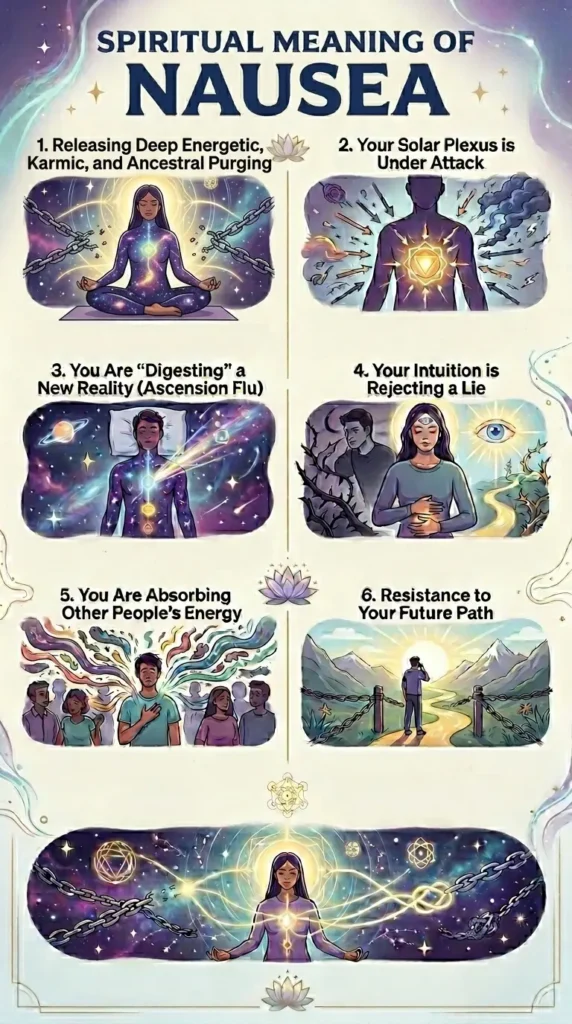 An educational spiritual infographic titled "SPIRITUAL MEANING OF NAUSEA" featuring six detailed illustrations on a light, textured background. The panels depict a woman breaking silver chains in a cosmic setting, a silhouette with a glowing yellow sun at the stomach, and a person lying in bed receiving rainbow light. Other scenes show a woman with a third eye rejecting a dark figure, a man overwhelmed by colorful energy clouds from a crowd, and a person walking a golden path between mountains. The bottom of the image features a woman in a purple dress surrounded by breaking chains and sacred geometry symbols.