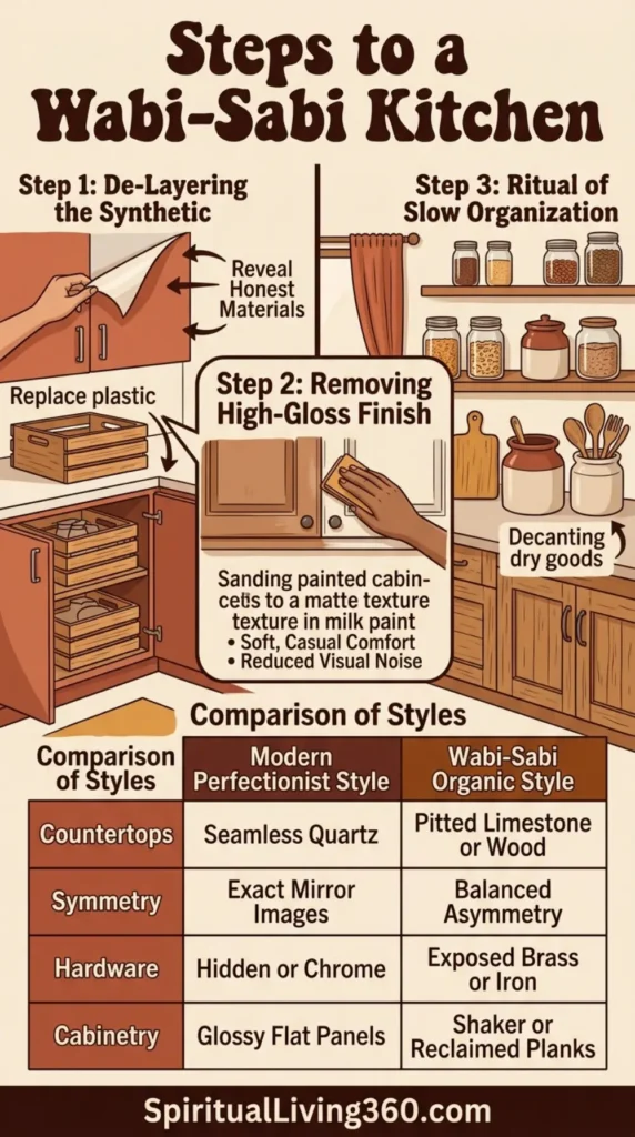 A person’s hand is shown sanding a cabinet to remove its shine, under the heading "Steps to a Wabi-Sabi Kitchen." The groovy, bold text sits atop a scene of practical home transformation and mindful DIY. A label points to a drawer where utensils are arranged with care, illustrating the ritual of slow organization. This visual guide provides a transition from modern high-gloss aesthetics to a more weathered, soulful look. SpiritualLiving360.com is included at the bottom center for brand consistency.