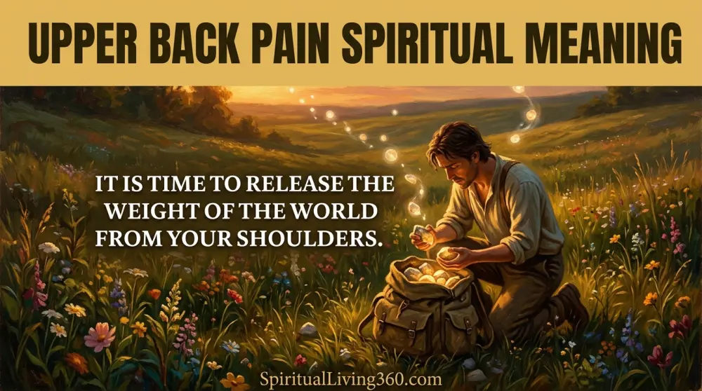 A person in a field of flowers removes glowing heavy stones from a backpack. The bold title Upper Back Pain Spiritual Meaning is at the top of the image. A central statement about releasing weight is visible. The URL SpiritualLiving360.com is at the bottom.