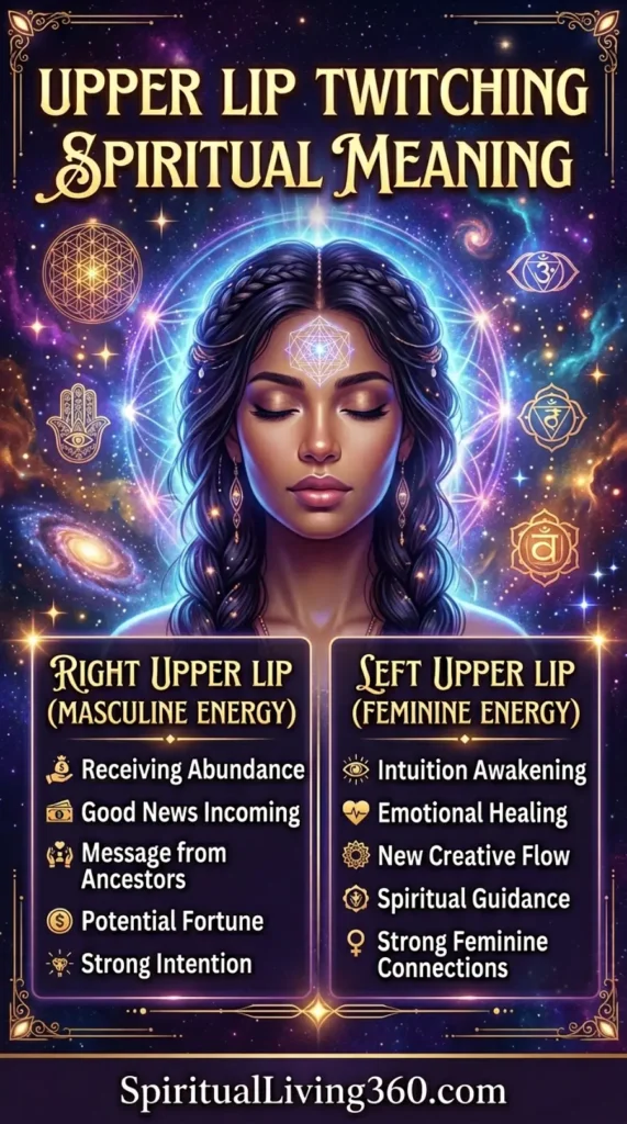 An intricate spiritual infographic titled "UPPER LIP TWITCHING SPIRITUAL MEANING" features a central illustration of a woman in deep meditation with glowing geometric patterns and chakras. The graphic is divided into two gold-bordered sections titled "Right Upper Lip (Masculine Energy)" and "Left Upper Lip (Feminine Energy)." The right side lists omens like "Receiving Abundance" and "Message from Ancestors," while the left side highlights "Intuition Awakening" and "Emotional Healing." Cosmic elements like nebulae, galaxies, and sacred symbols like the Hamsa hand decorate the dark, starry background.